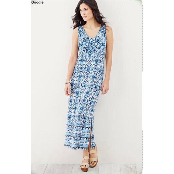 J Jill Womens Maxi Dress XS Blue White Tile Print Stretch Jersey Sundress Resort - Picture 1 of 8